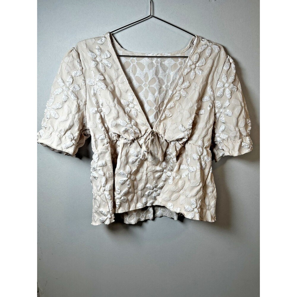 WMNS Floral Blouse XL Apricot Tie Front V Neck Short Sleeve Office Work Corpcore